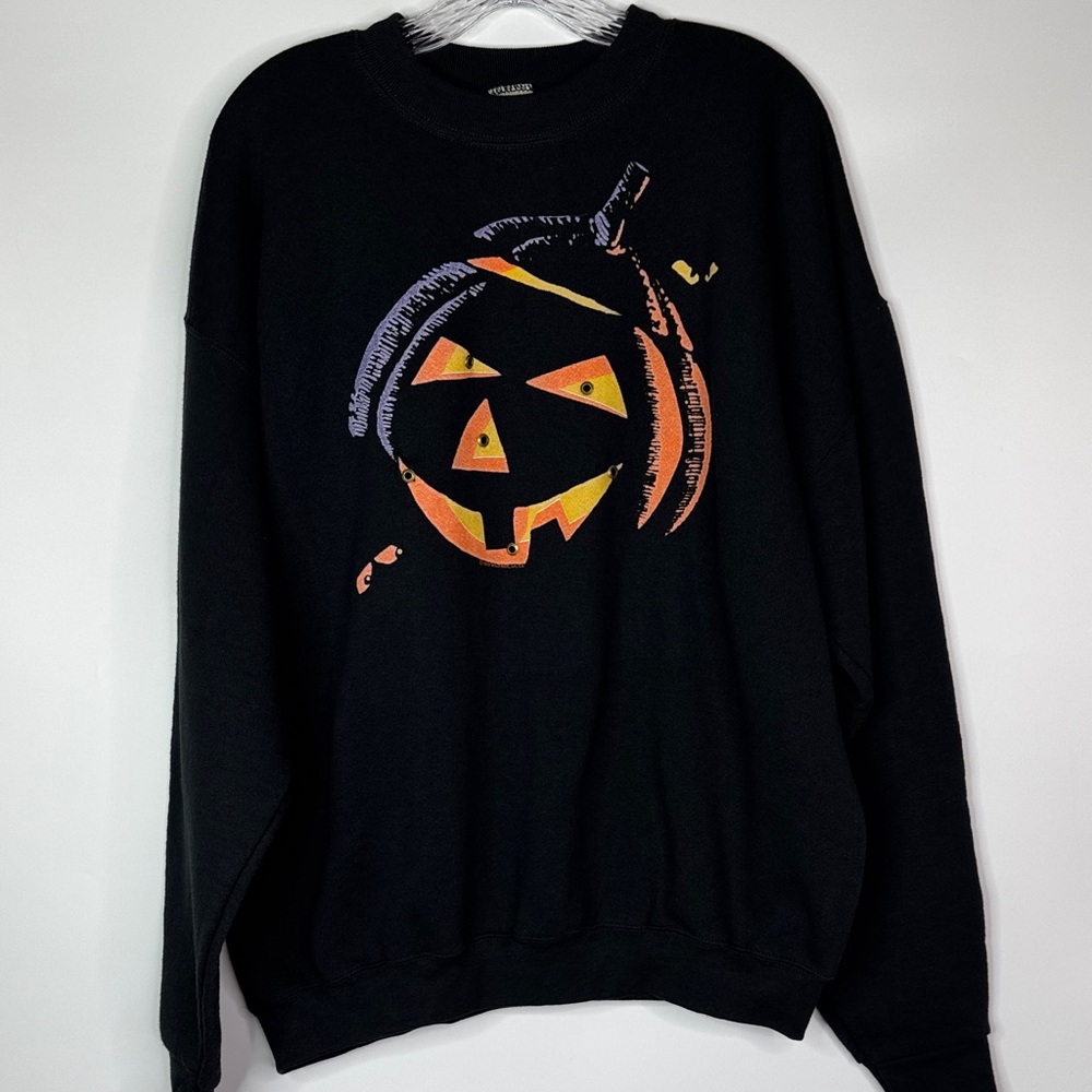 Vintage Fruit Of The Loom Jack-O-Lantern Halloween Black Crewneck Sweatshirt XL